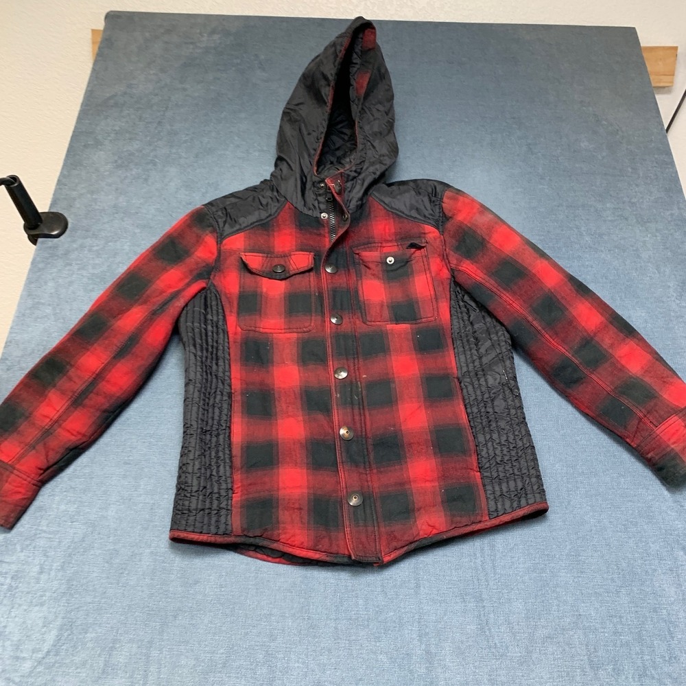 American Rag Cie Jacket Mens Large Black Red Plaid Hooded Casual Pullover